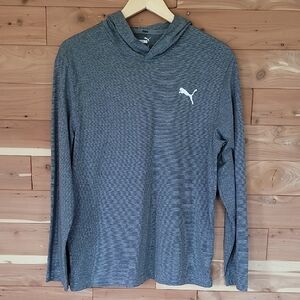 Puma Gray & Black Pinstriped Long Sleeve Hooded Tee, Size M, Soft, White Logo